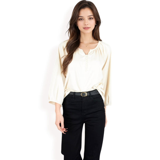 3/4 Sleeve Blouse with Gathered Neckline and Button Details