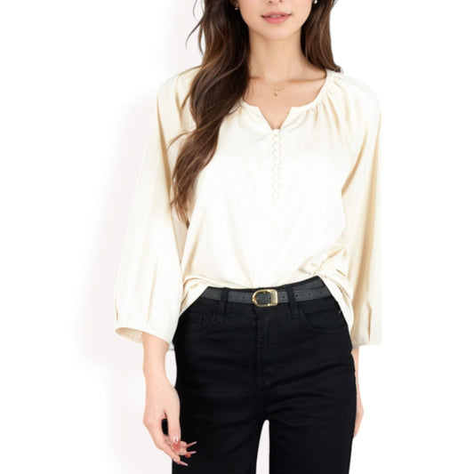 3/4 Sleeve Blouse with Gathered Neckline and Button Details