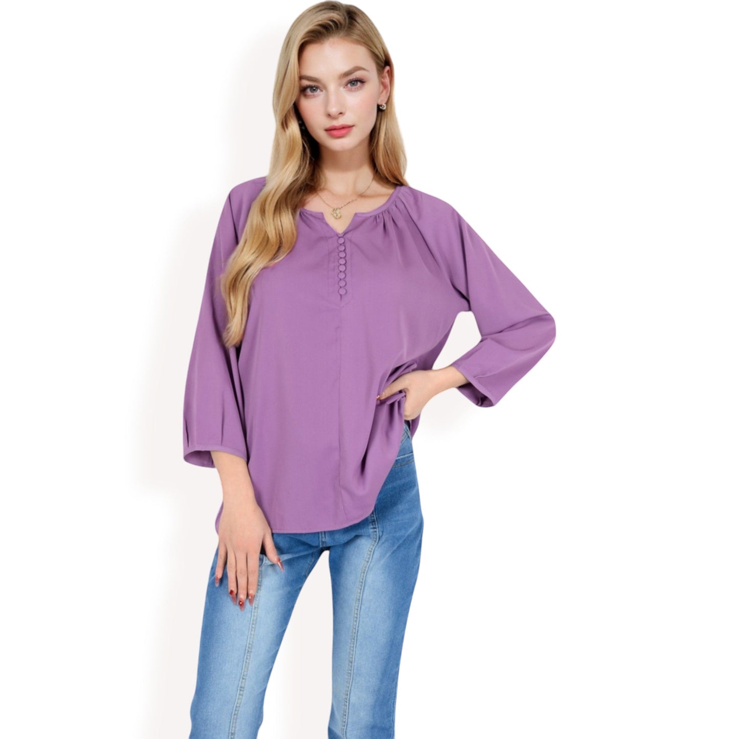 3/4 Sleeve Blouse with Gathered Neckline and Button Details