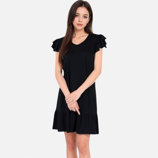 Women's Ruffle Sleeve V-Neck Dress with Tiered Hem and Relaxed Fit