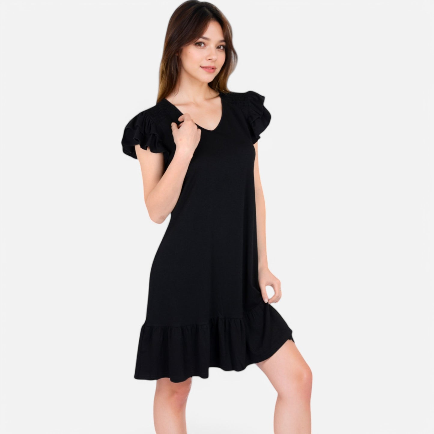 Women's Ruffle Sleeve V-Neck Dress with Tiered Hem and Relaxed Fit