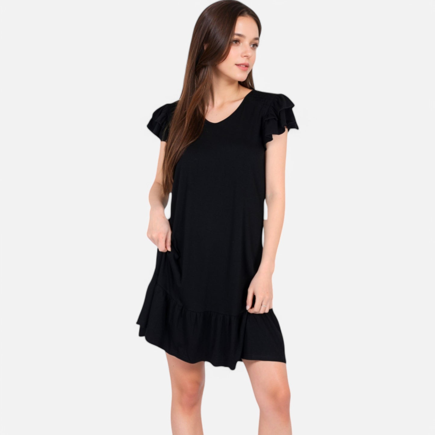 Women's Ruffle Sleeve V-Neck Dress with Tiered Hem and Relaxed Fit