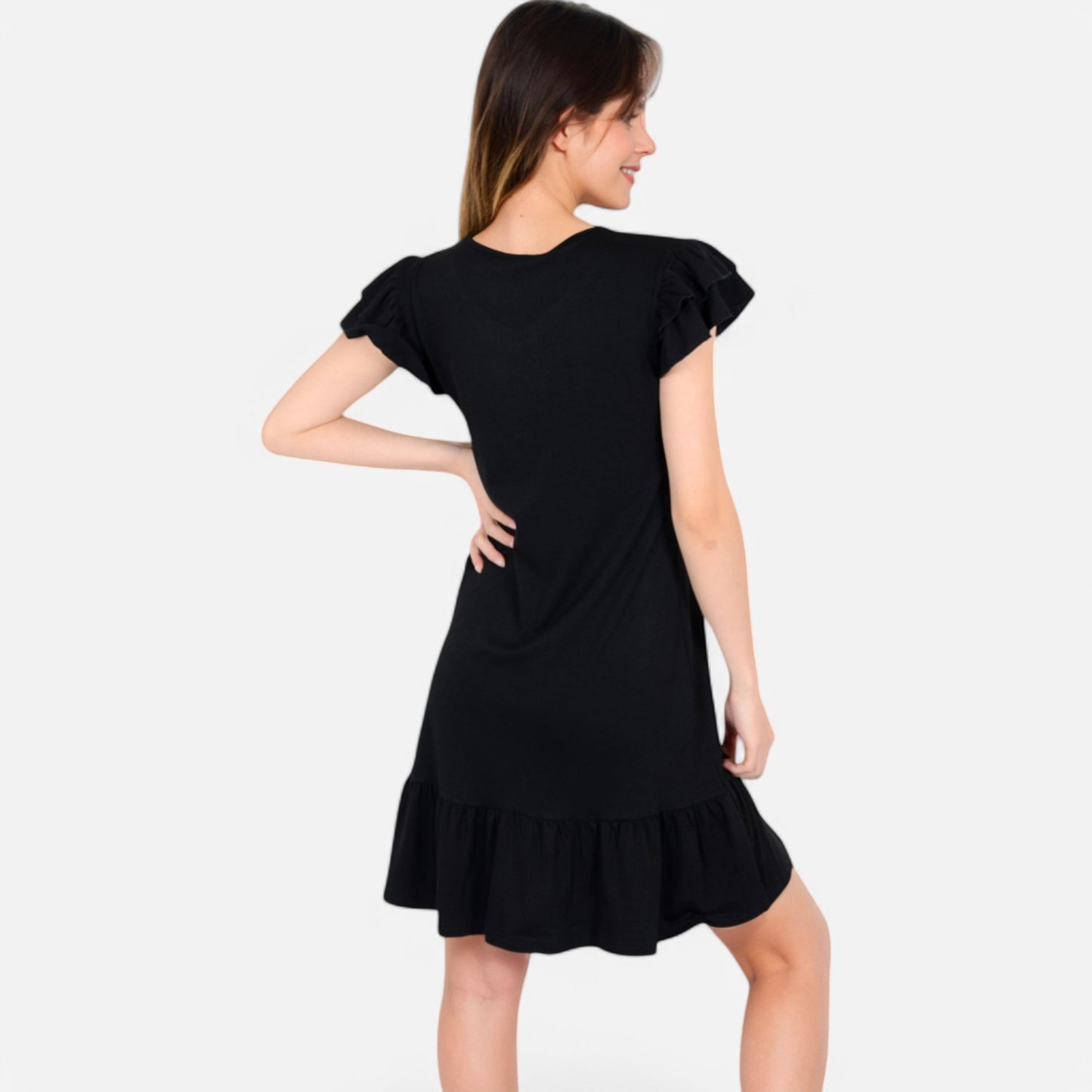 Women's Ruffle Sleeve V-Neck Dress with Tiered Hem and Relaxed Fit