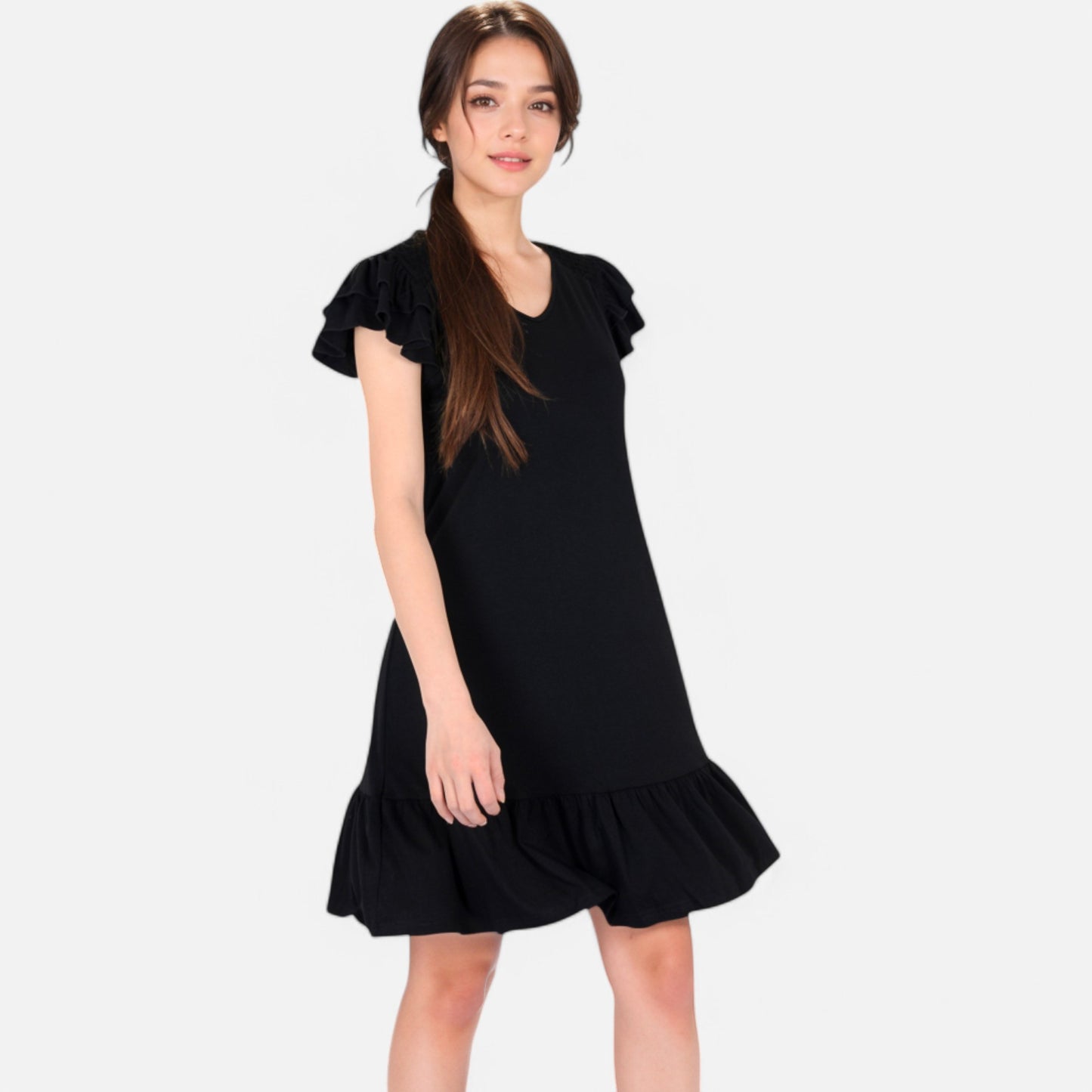 Women's Ruffle Sleeve V-Neck Dress with Tiered Hem and Relaxed Fit