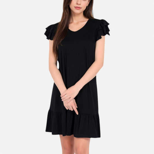 Women's Ruffle Sleeve V-Neck Dress with Tiered Hem and Relaxed Fit