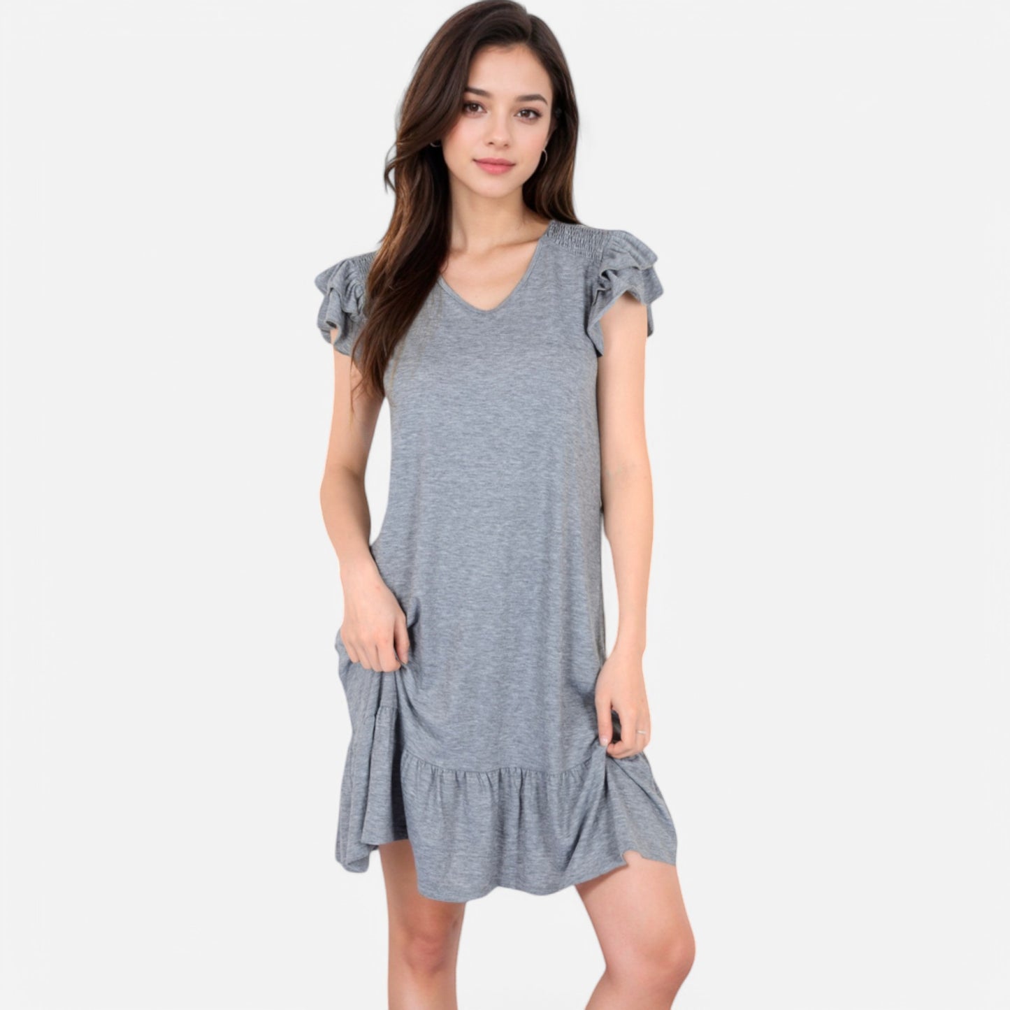 Women's Ruffle Sleeve V-Neck Dress with Tiered Hem and Relaxed Fit