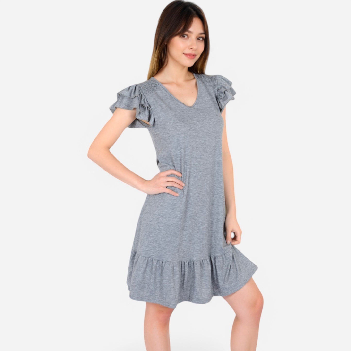 Women's Ruffle Sleeve V-Neck Dress with Tiered Hem and Relaxed Fit