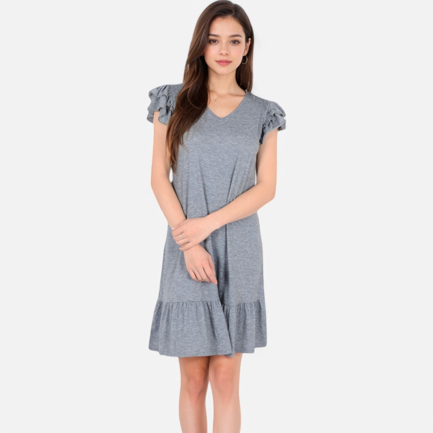 Women's Ruffle Sleeve V-Neck Dress with Tiered Hem and Relaxed Fit