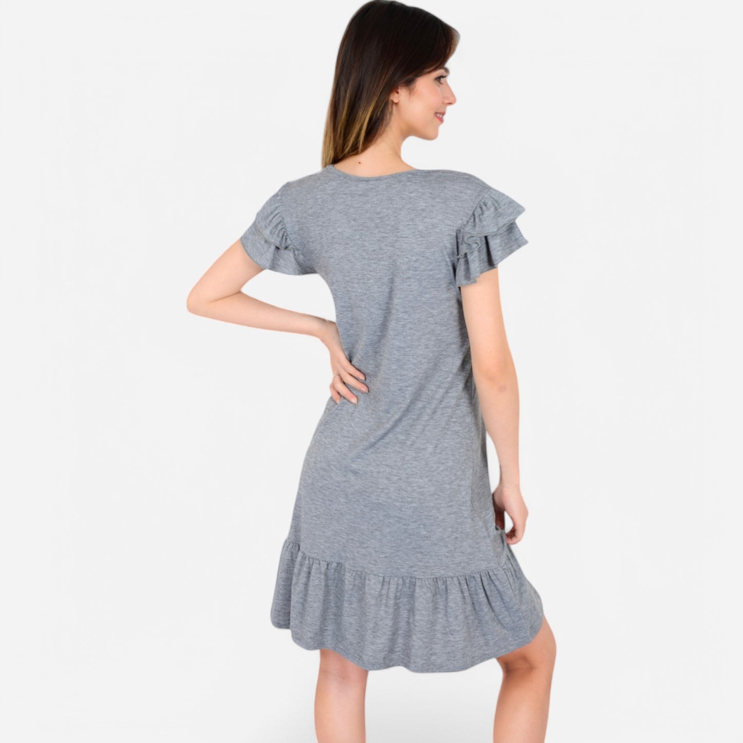 Women's Ruffle Sleeve V-Neck Dress with Tiered Hem and Relaxed Fit