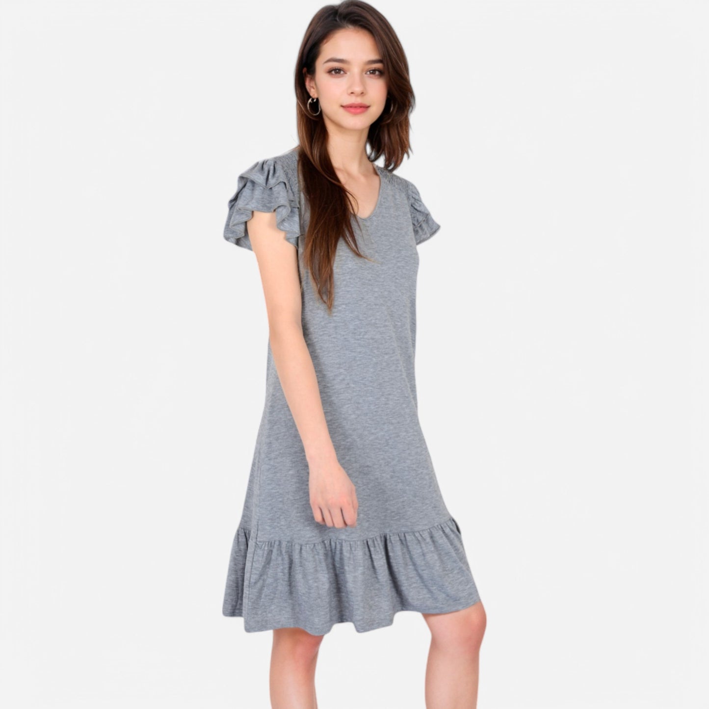 Women's Ruffle Sleeve V-Neck Dress with Tiered Hem and Relaxed Fit
