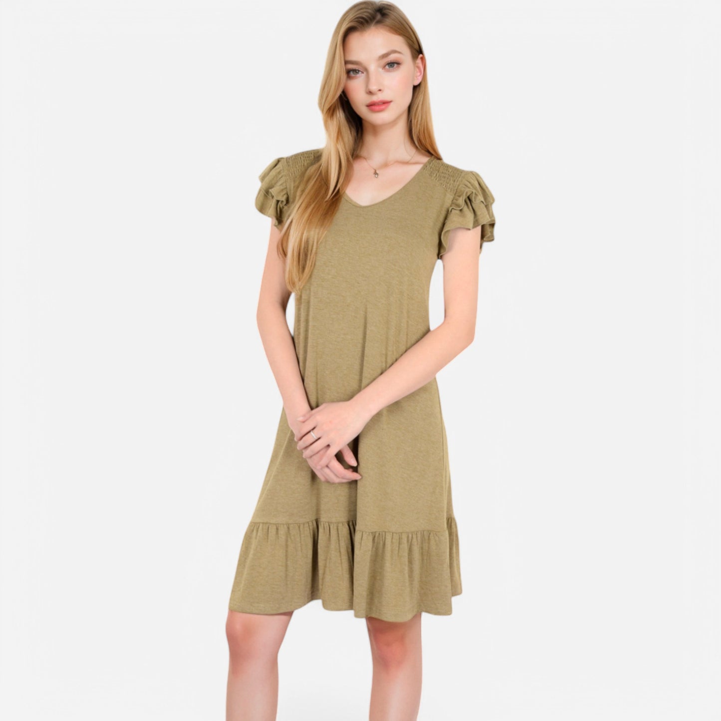 Women's Ruffle Sleeve V-Neck Dress with Tiered Hem and Relaxed Fit