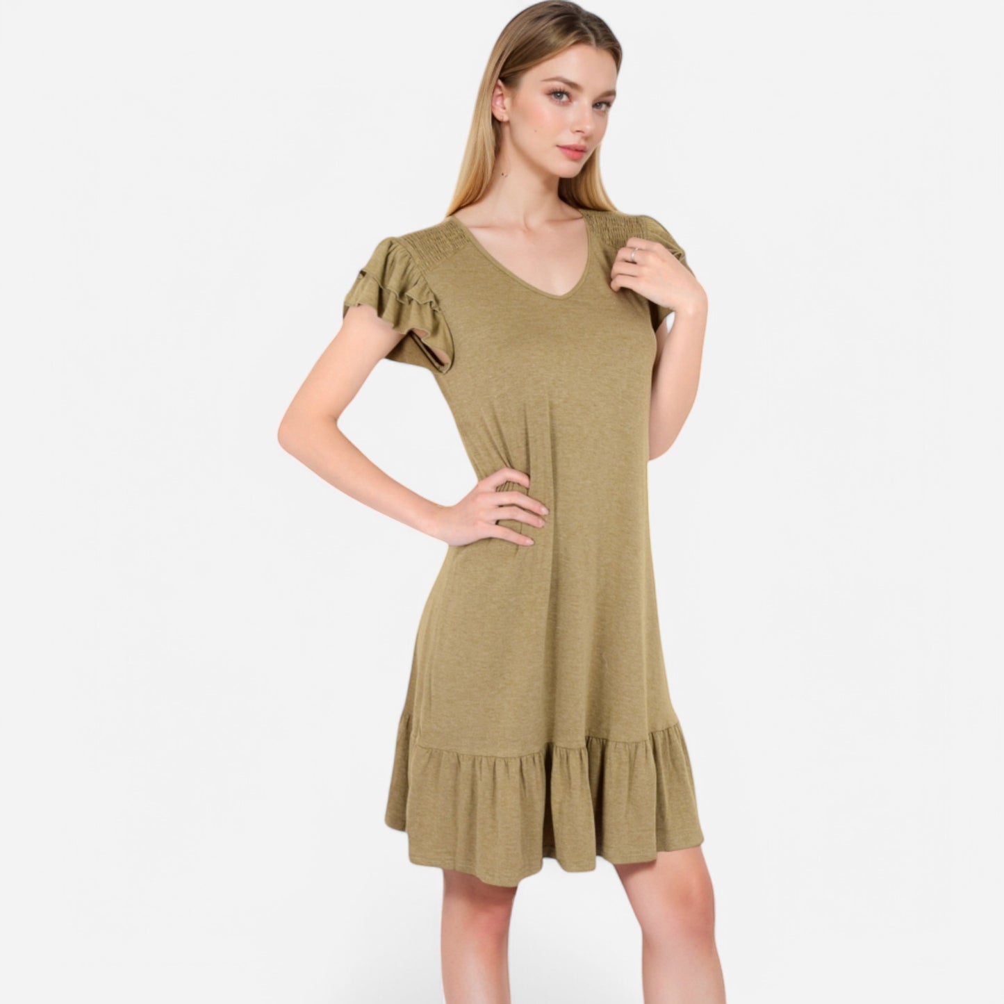Women's Ruffle Sleeve V-Neck Dress with Tiered Hem and Relaxed Fit