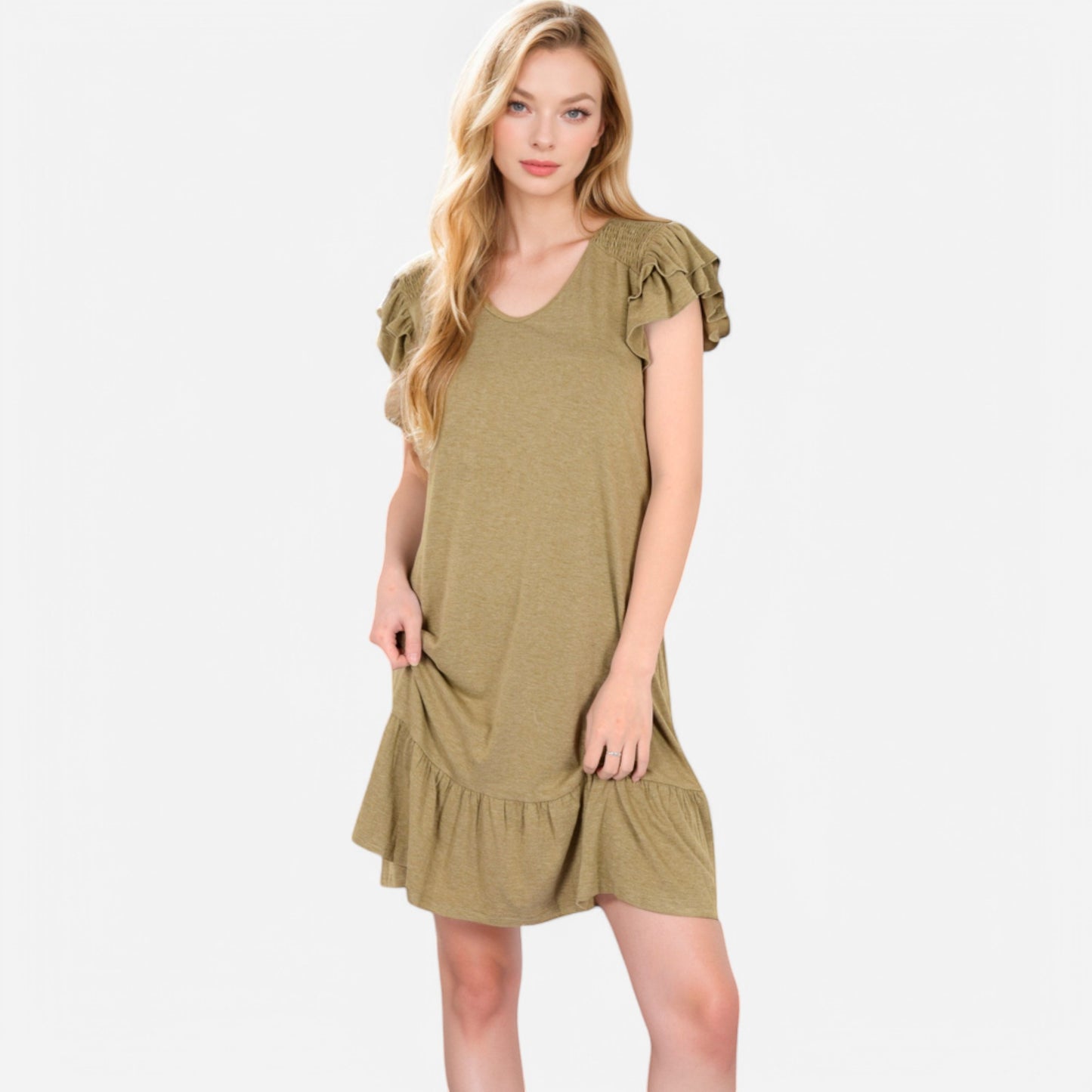 Women's Ruffle Sleeve V-Neck Dress with Tiered Hem and Relaxed Fit