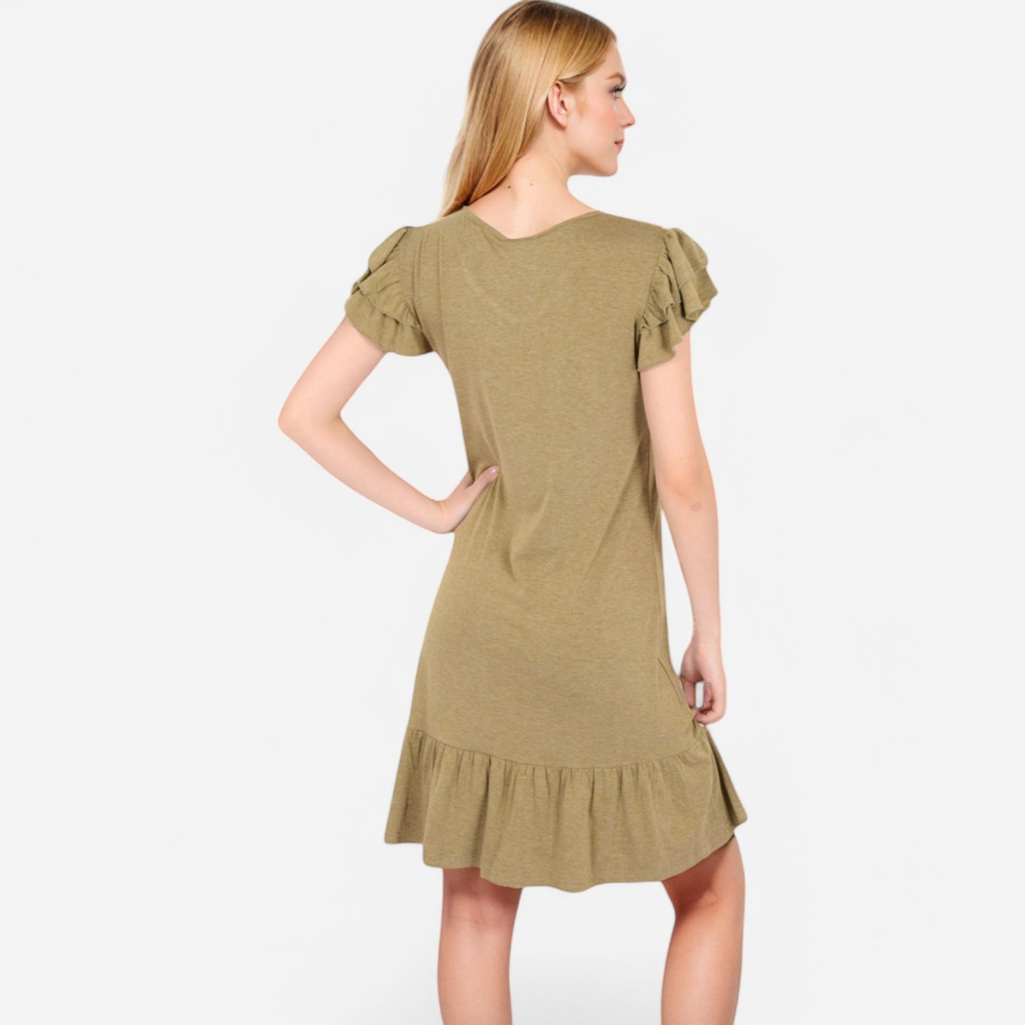 Women's Ruffle Sleeve V-Neck Dress with Tiered Hem and Relaxed Fit
