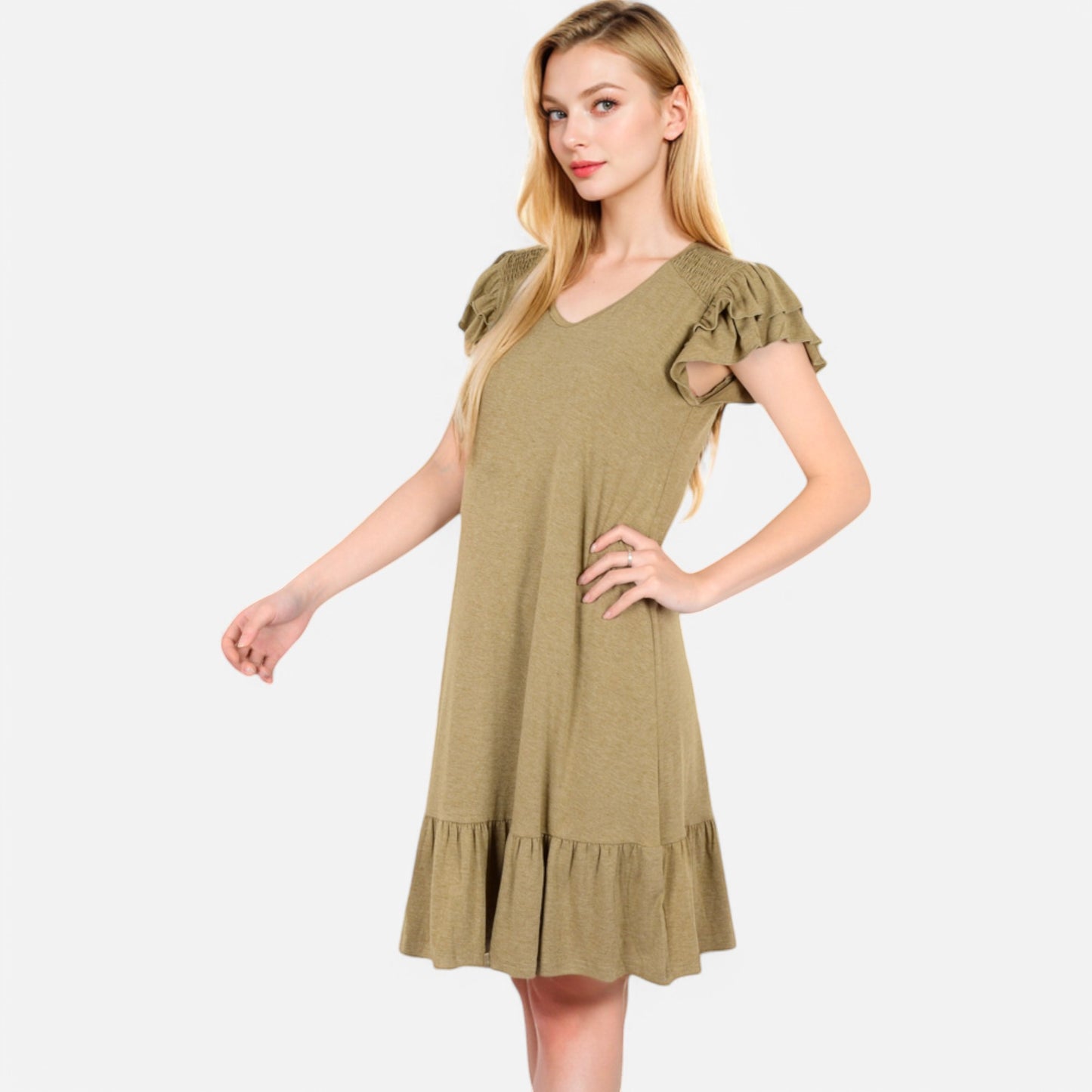Women's Ruffle Sleeve V-Neck Dress with Tiered Hem and Relaxed Fit