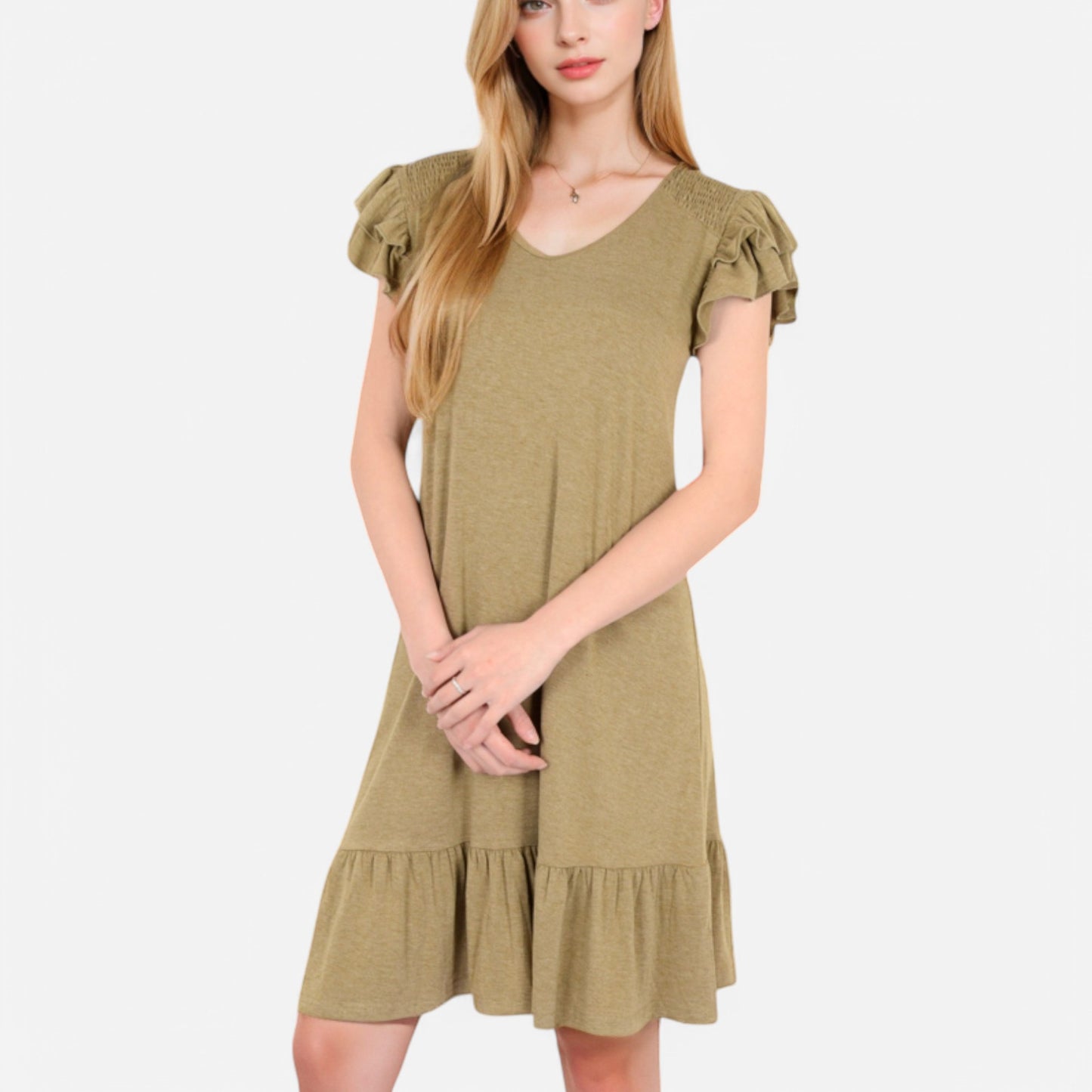 Women's Ruffle Sleeve V-Neck Dress with Tiered Hem and Relaxed Fit