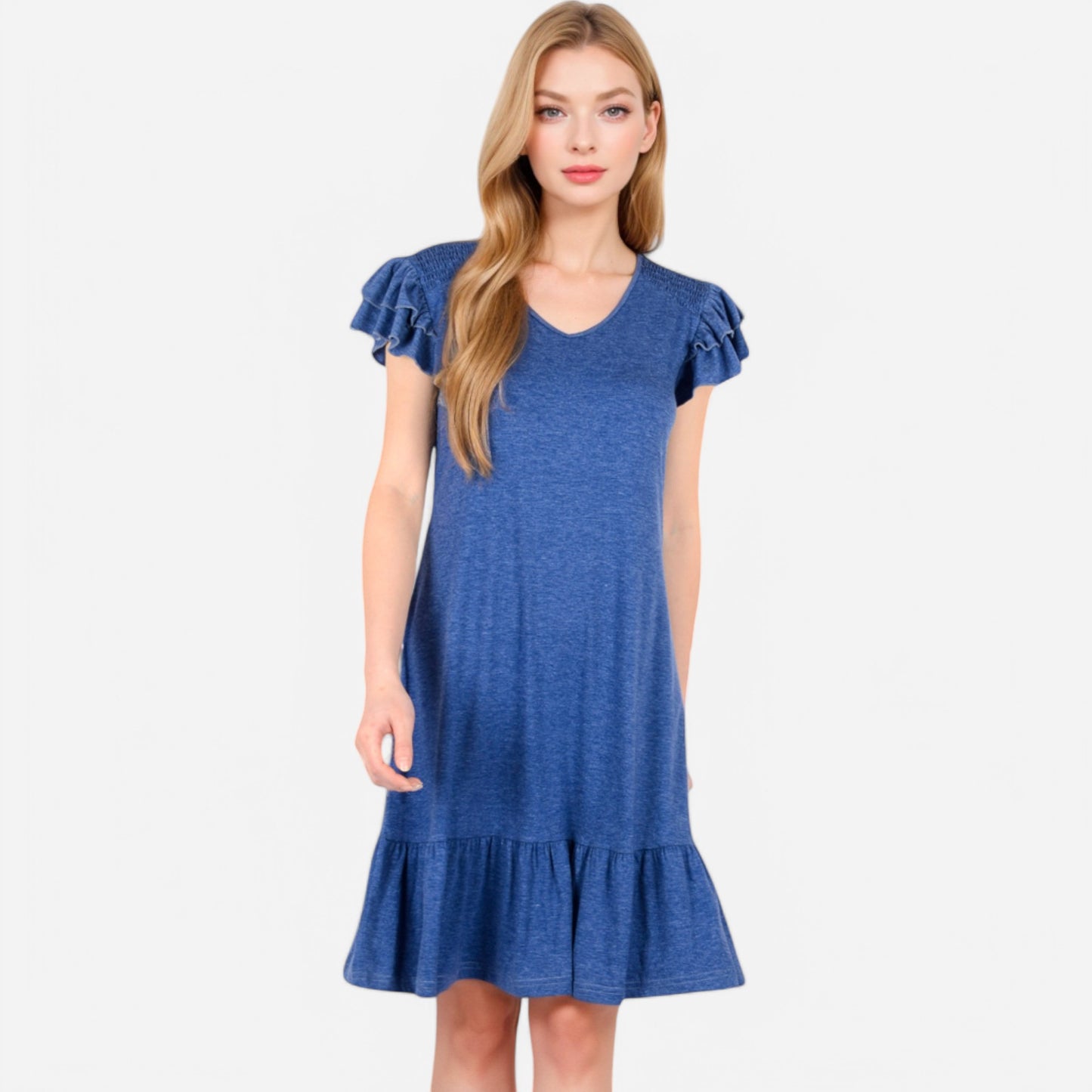 Women's Ruffle Sleeve V-Neck Dress with Tiered Hem and Relaxed Fit