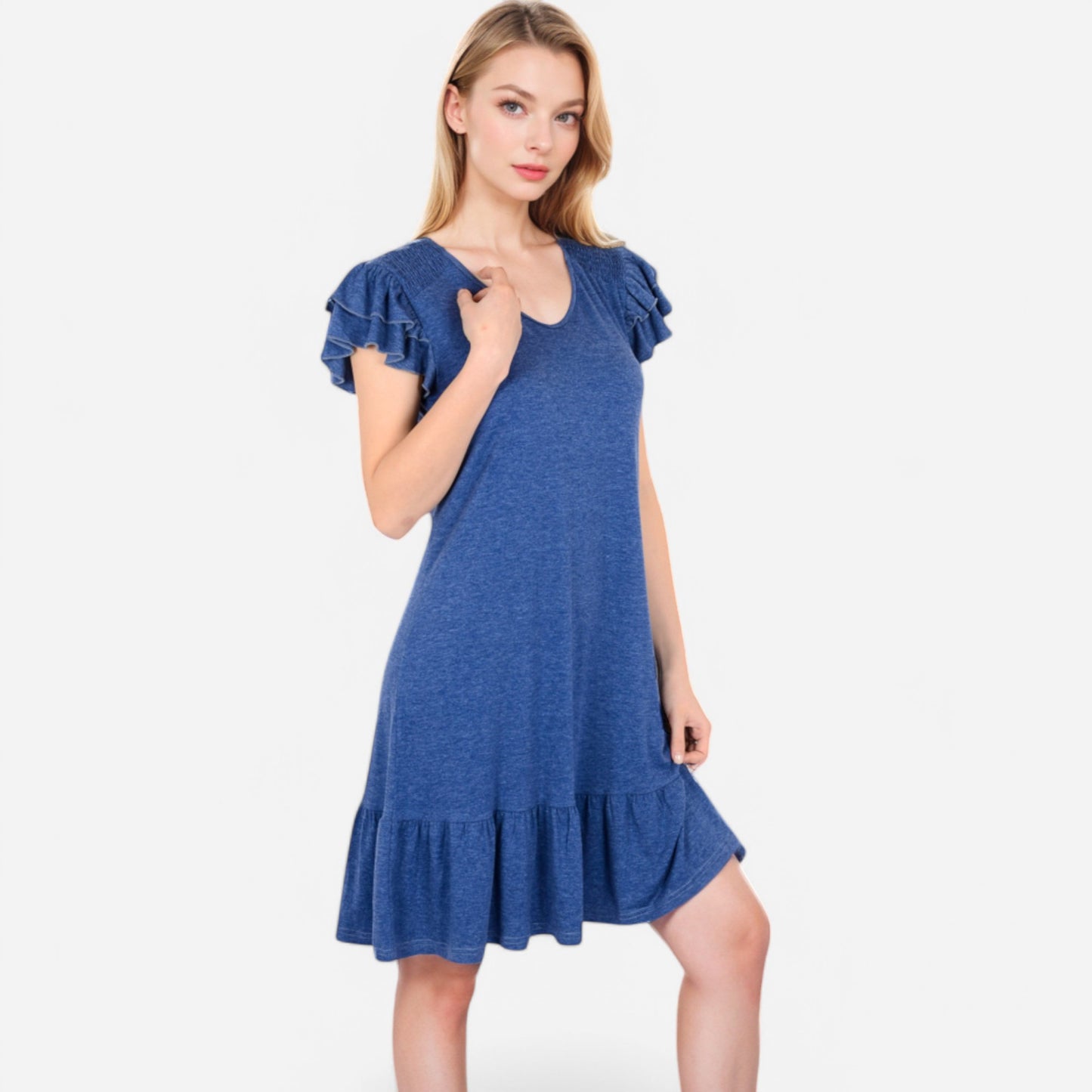 Women's Ruffle Sleeve V-Neck Dress with Tiered Hem and Relaxed Fit