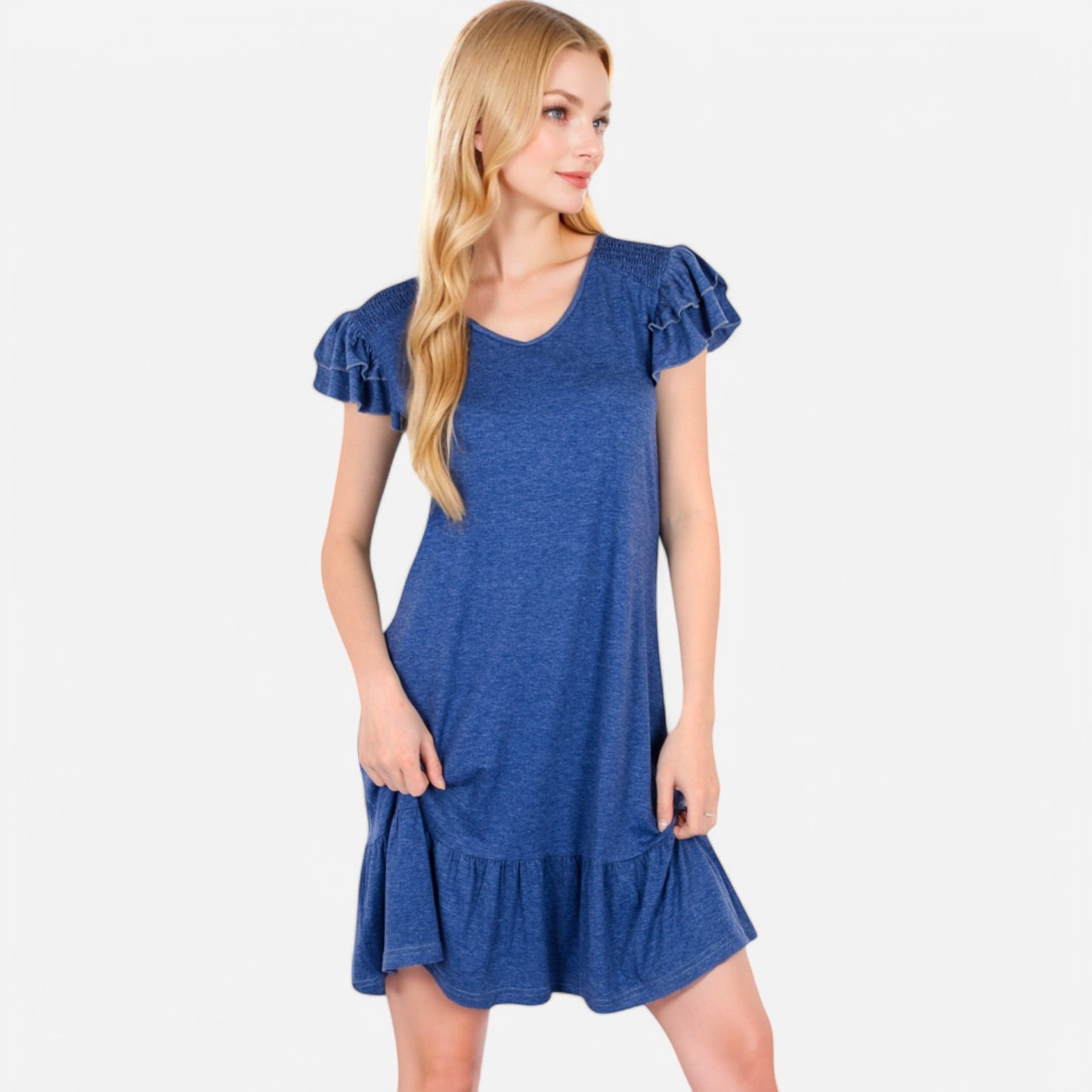 Women's Ruffle Sleeve V-Neck Dress with Tiered Hem and Relaxed Fit