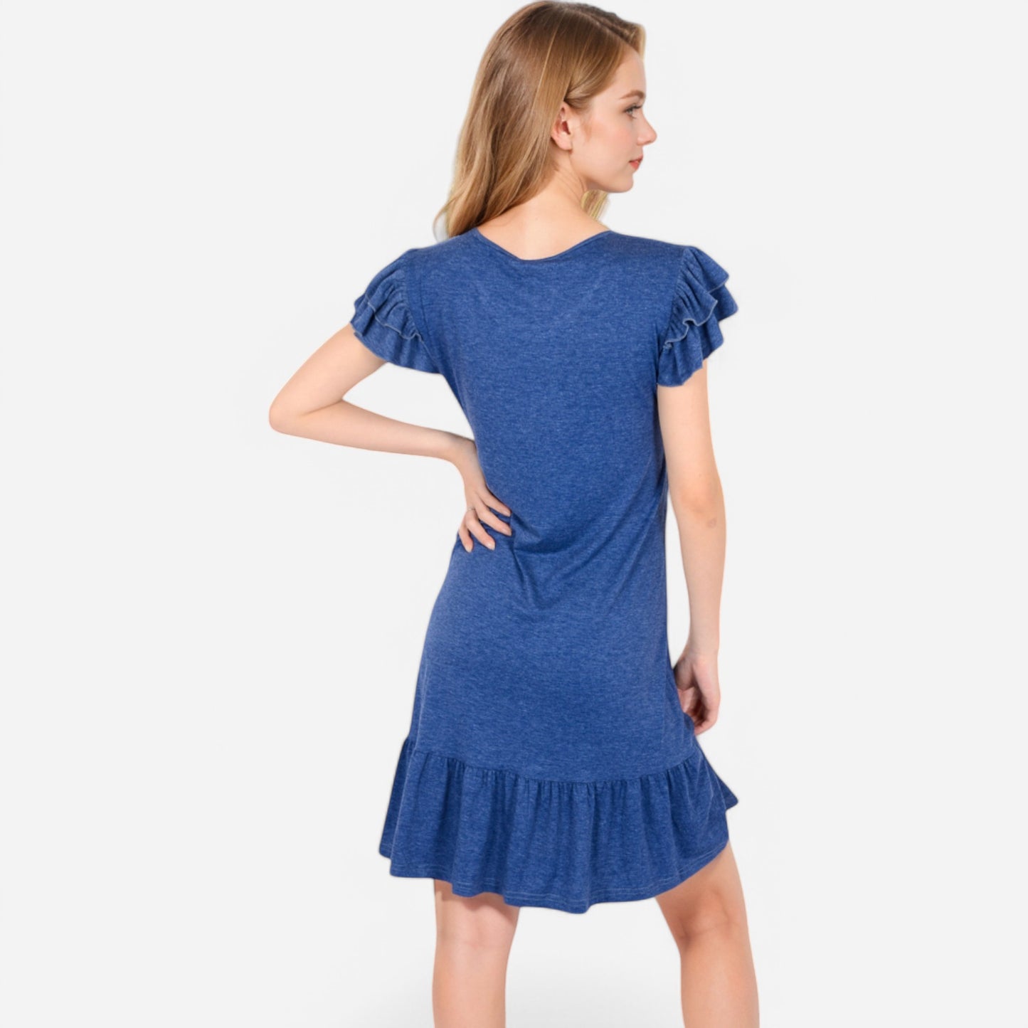 Women's Ruffle Sleeve V-Neck Dress with Tiered Hem and Relaxed Fit