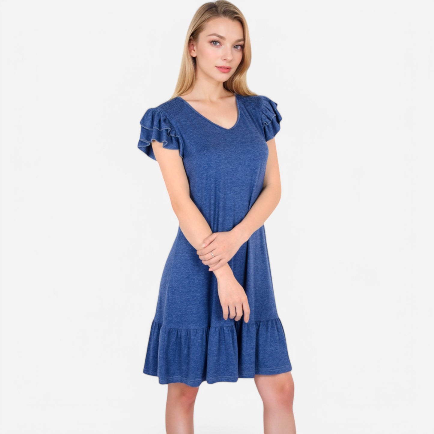 Women's Ruffle Sleeve V-Neck Dress with Tiered Hem and Relaxed Fit
