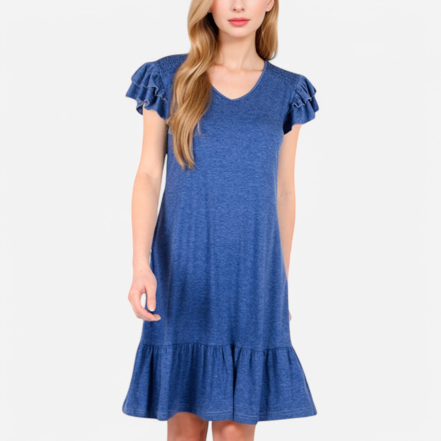 Women's Ruffle Sleeve V-Neck Dress with Tiered Hem and Relaxed Fit