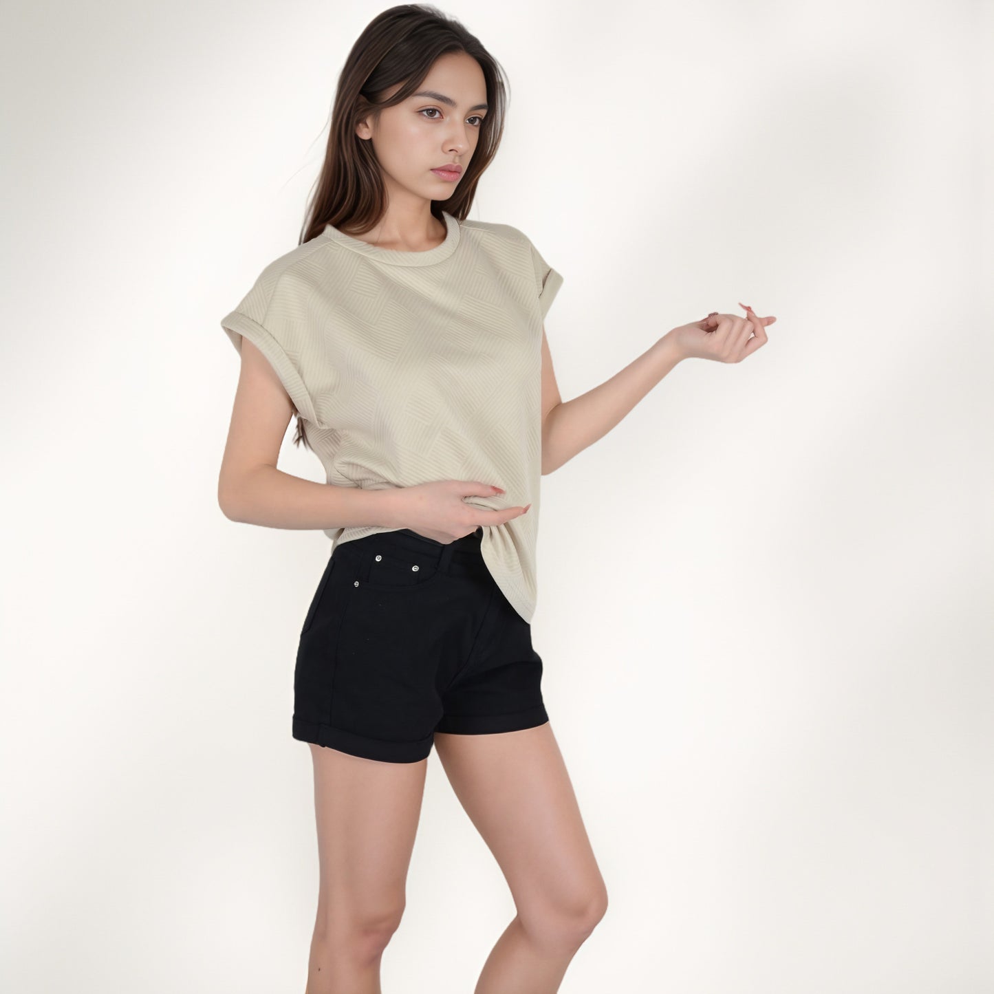 Textured Short Sleeve Pullover Top with Rolled Cuffs and Subtle Geometric Pattern