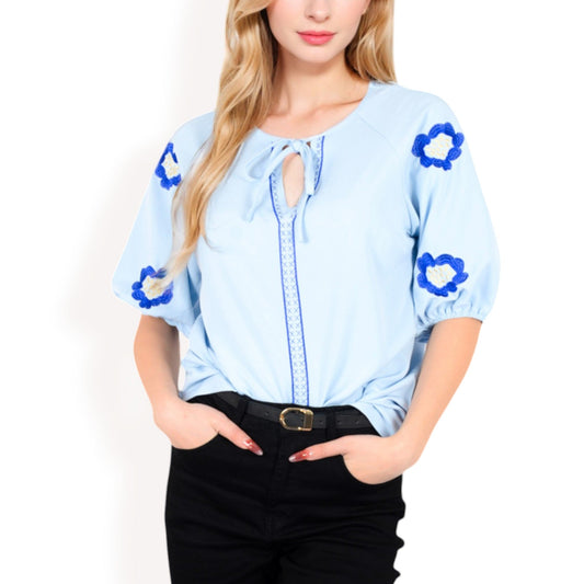 Floral Embroidered Blouse with Puff Sleeves and V-Neckline