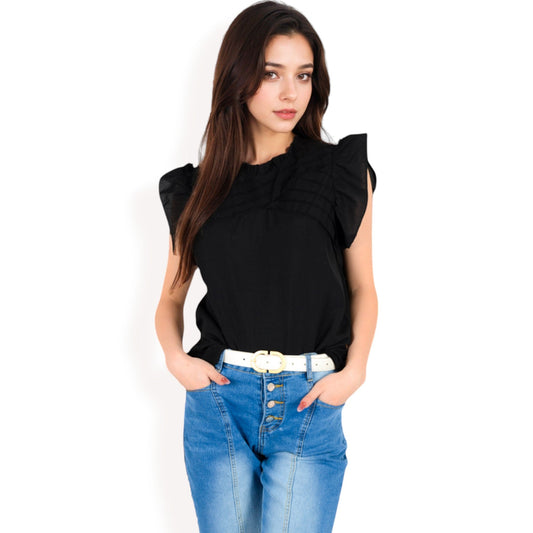 Ruffled Sleeve Pleated Front Knit Top