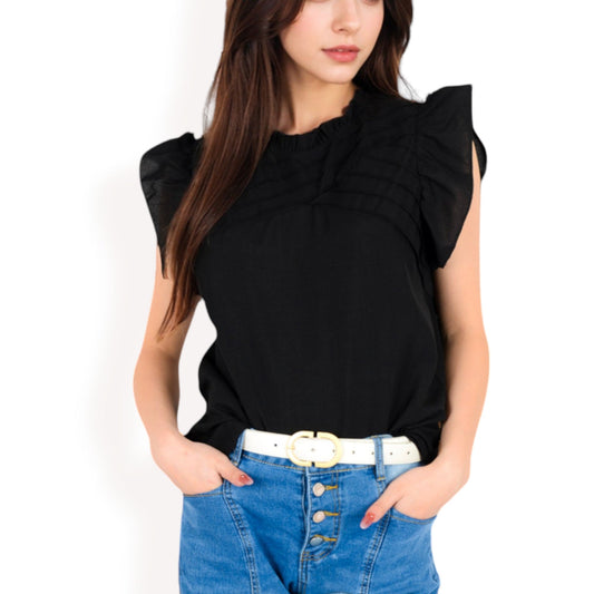 Ruffled Sleeve Pleated Front Knit Top