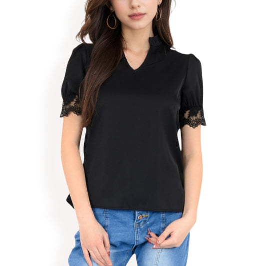 Puff Sleeve Blouse with Delicate Crochet Cuffs and V-Neckline