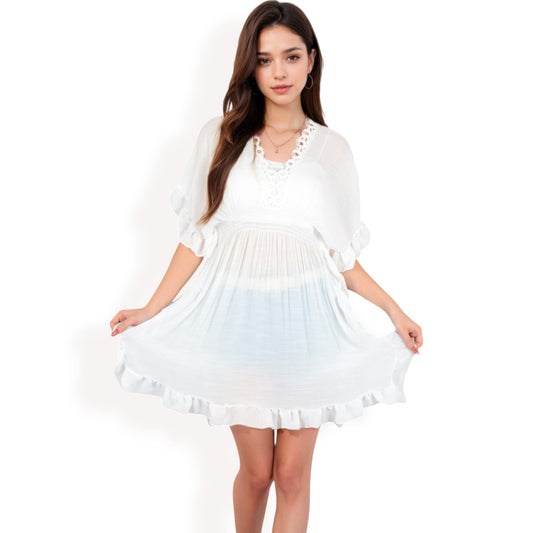 White Flutter Sleeve Dress with Crochet Trim V-Neck and Smocked Waist