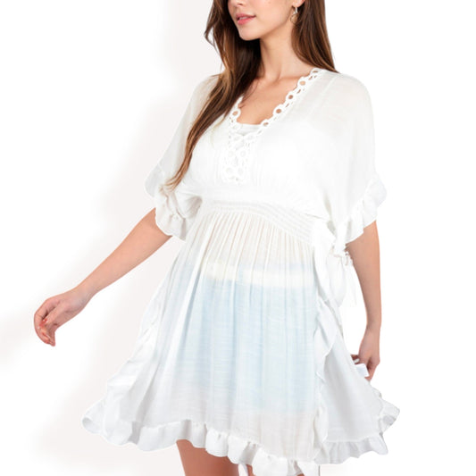 White Flutter Sleeve Dress with Crochet Trim V-Neck and Smocked Waist