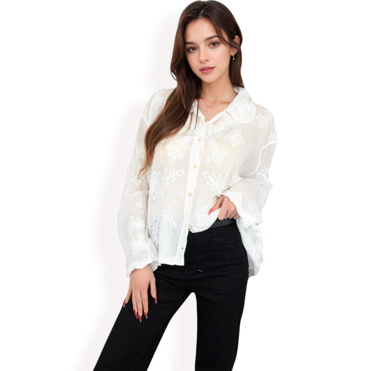 Embroidered Sheer Blouse with Scalloped Hem and Button-Up Design