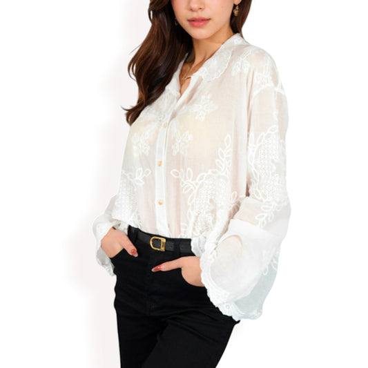 Embroidered Sheer Blouse with Scalloped Hem and Button-Up Design