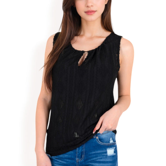 Sleeveless Blouse with Keyhole Neckline and Geometric Eyelet Design