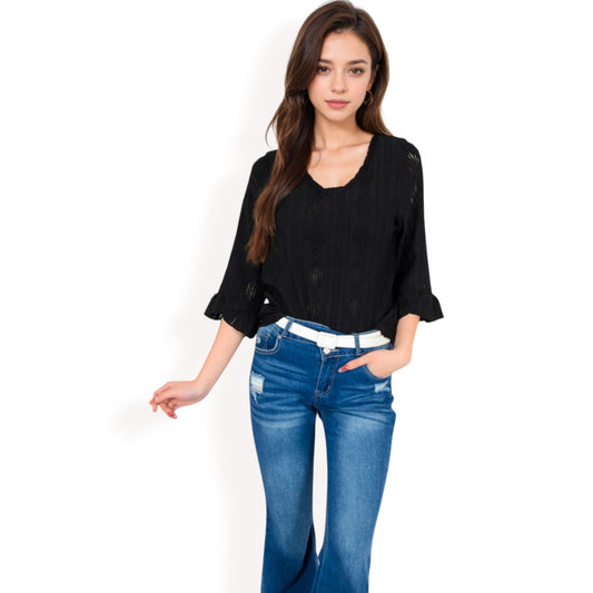 3/4 Sleeve V-Neck Blouse with Geometric Eyelet Pattern