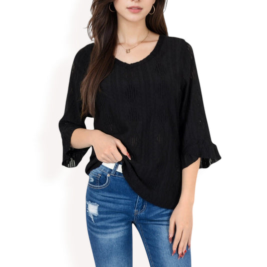3/4 Sleeve V-Neck Blouse with Geometric Eyelet Pattern