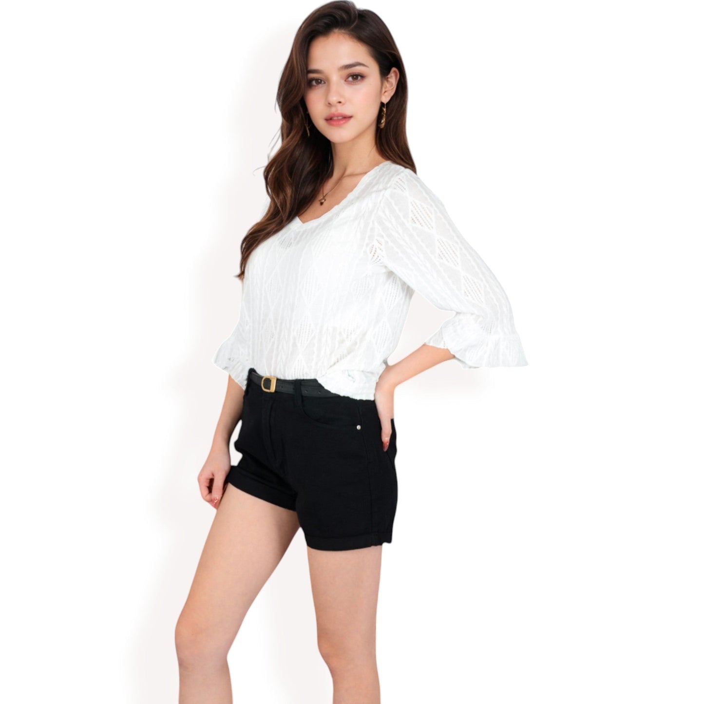 3/4 Sleeve V-Neck Blouse with Geometric Eyelet Pattern