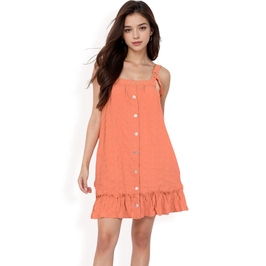 Ruffled Button-Down Mini Dress with Adjustable Straps and Textured Fabric