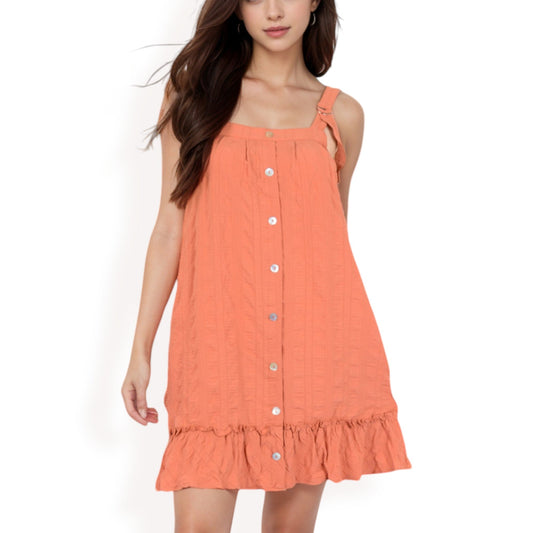 Ruffled Button-Down Mini Dress with Adjustable Straps and Textured Fabric