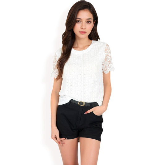 Lace Eyelet Top with Scalloped Short Sleeves and Embroidered Details