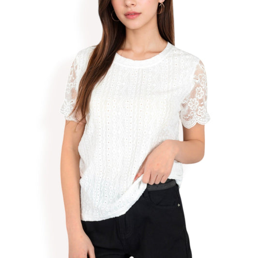 Lace Eyelet Top with Scalloped Short Sleeves and Embroidered Details