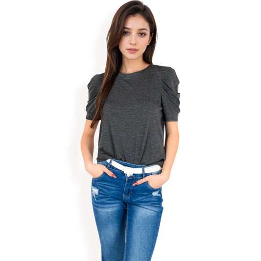Short Sleeve Puff Shoulder Tee with Crew Neck and Slim Fit