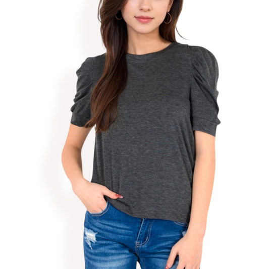 Short Sleeve Puff Shoulder Tee with Crew Neck and Slim Fit