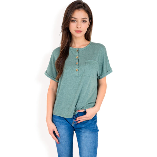 Casual Short Sleeve Henley Top with Button Front and Chest Pocket