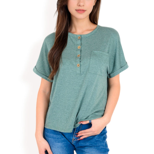 Casual Short Sleeve Henley Top with Button Front and Chest Pocket