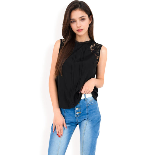 Sleeveless Blouse with Lace Yoke and Pleated Front