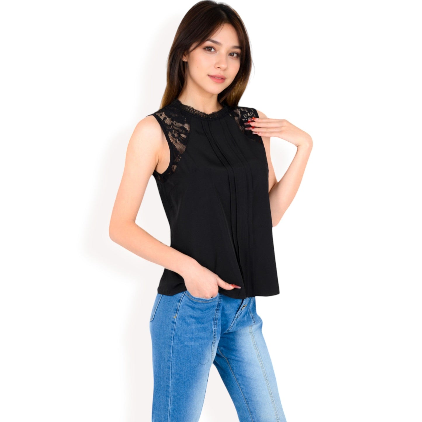 Sleeveless Blouse with Lace Yoke and Pleated Front