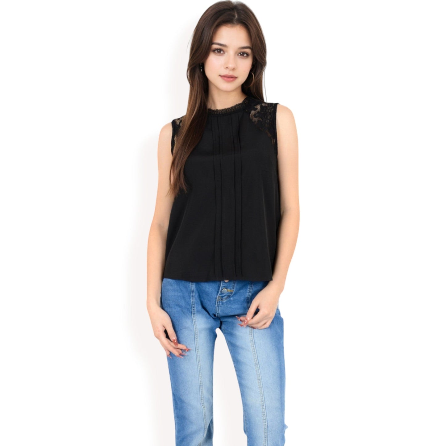 Sleeveless Blouse with Lace Yoke and Pleated Front